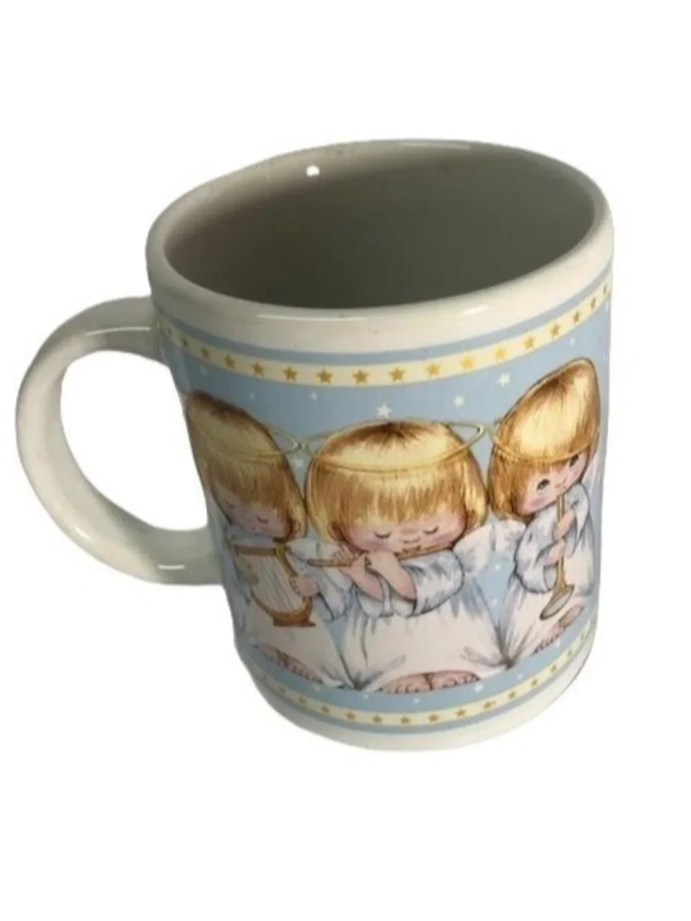 three angle white blue coffee mug cyp white blue handle 3x3.5